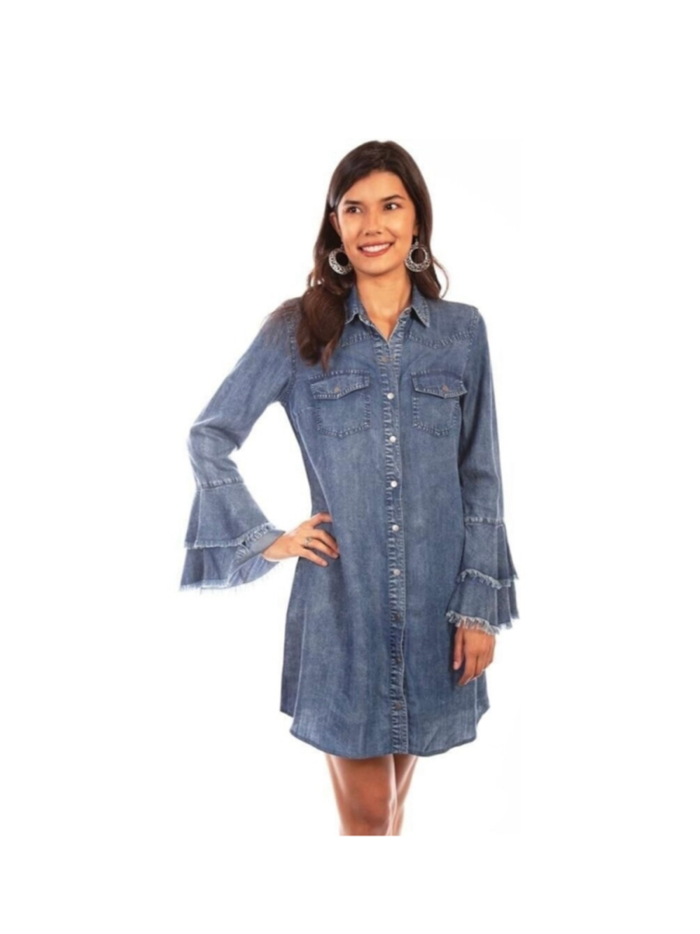 Scully Denim Button Down Shirt Dress Medium Blue Flared Sleeve Western Boho
